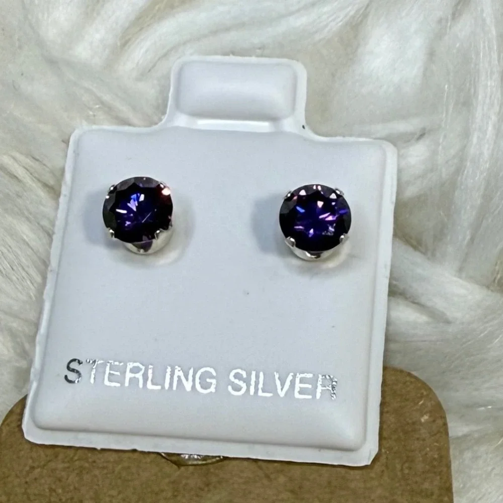 Sterling Silver Round Amethyst Purple Cubic Zirconia Stud Earrings CZ Jewelry
